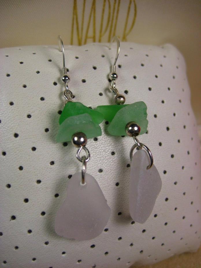 Vintage Sterling Silver Frosted white Green Sea Glass Hook Earrings 925
