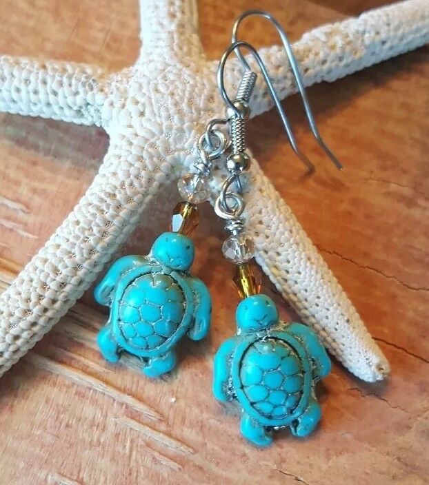 Blue Sea Turtle Earrings Bright Hand Crafted Beautiful Casual Stone Honu Aloha