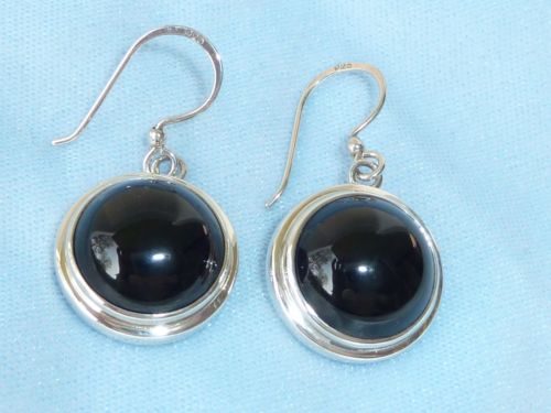 Vintage Sterling Dangle Earrings, 14mm Black Onyx Cabochon, Konder #954