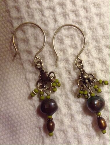 Vintage Handmade Chandelier Freshwater Pearl & Seed Bead Earrings Silver Wires