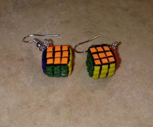 Miniature Rubik's Cube Charm Earrings Silver Wire Retro Toys Kids Clay Cube