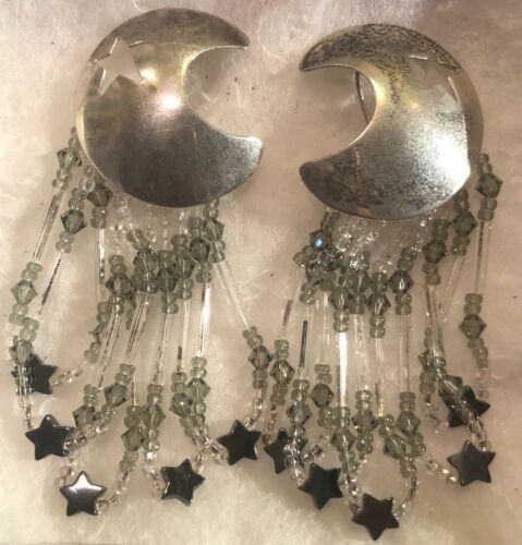 Sterling Silver Crystals Beads Hematite Star Moon Dangles Goddess Earrings Vtg