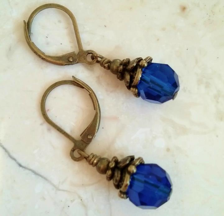 Small Vintage Drop Earrings Sapphire Blue Crystal Glass Antiqued Bronze Artisan