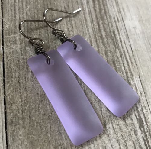Min Favorit Lavender Sea Glass Rectangle Drop & Gunmetal Artisan Earrings