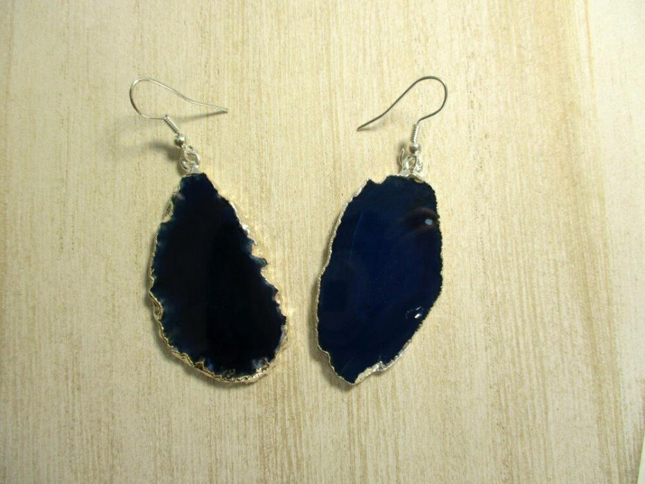NWOT Silver Plated Deep Blue Agate Slice Gemstone Earrings, Free US Shipping!