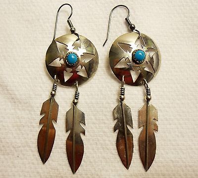 Vintage Large Signed DV Lee Turquoise Feather Sterling Silver Dangle Earrings