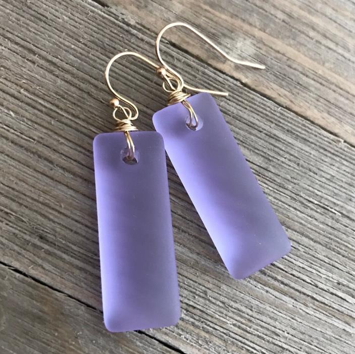 Min Favorit Lavender Sea Glass Rectangle Drop & Gold Pl Artisan Earrings