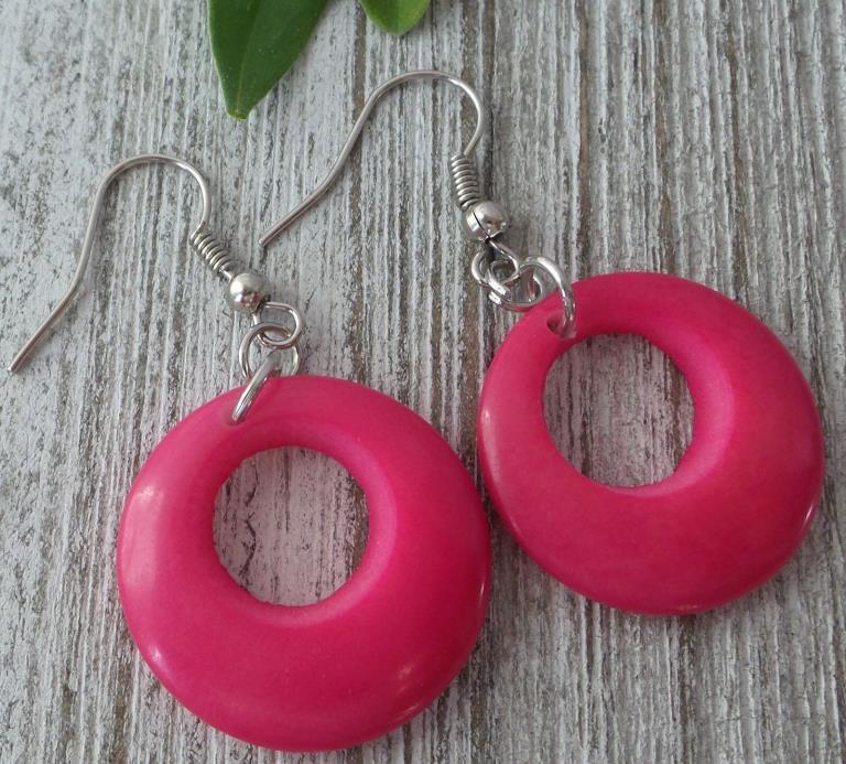 Tagua Nut Handmade Dangle Pink Earrings, Boho-Chic & Eco-Friendly