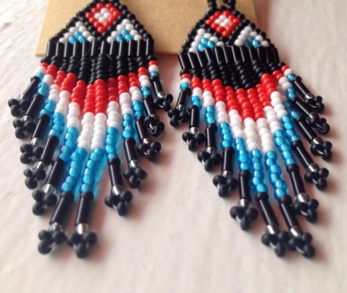Contrasting Matte Black, Red, Blue, White Handmade Beaded Earrings - Style #2