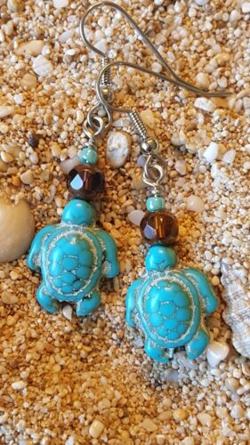 Sea Turtle Earrings Bright Hand Crafted Blue Turquoise Casual Stone Honu Aloha