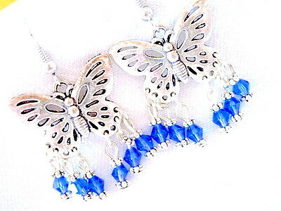 Blue and Silver Butterfly Beaded Dangle Earrings OOAK pierced or clip