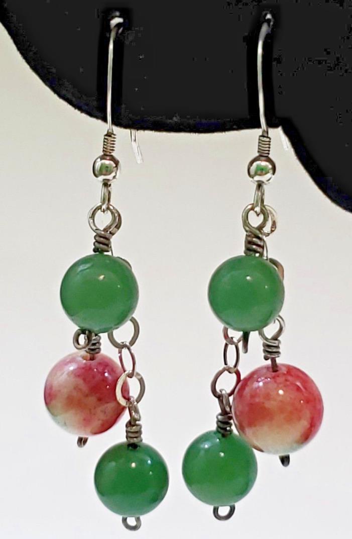 Dangle Green & Red Jade3 drop dangle Earrings Christmas Sterling Silver Fishhook