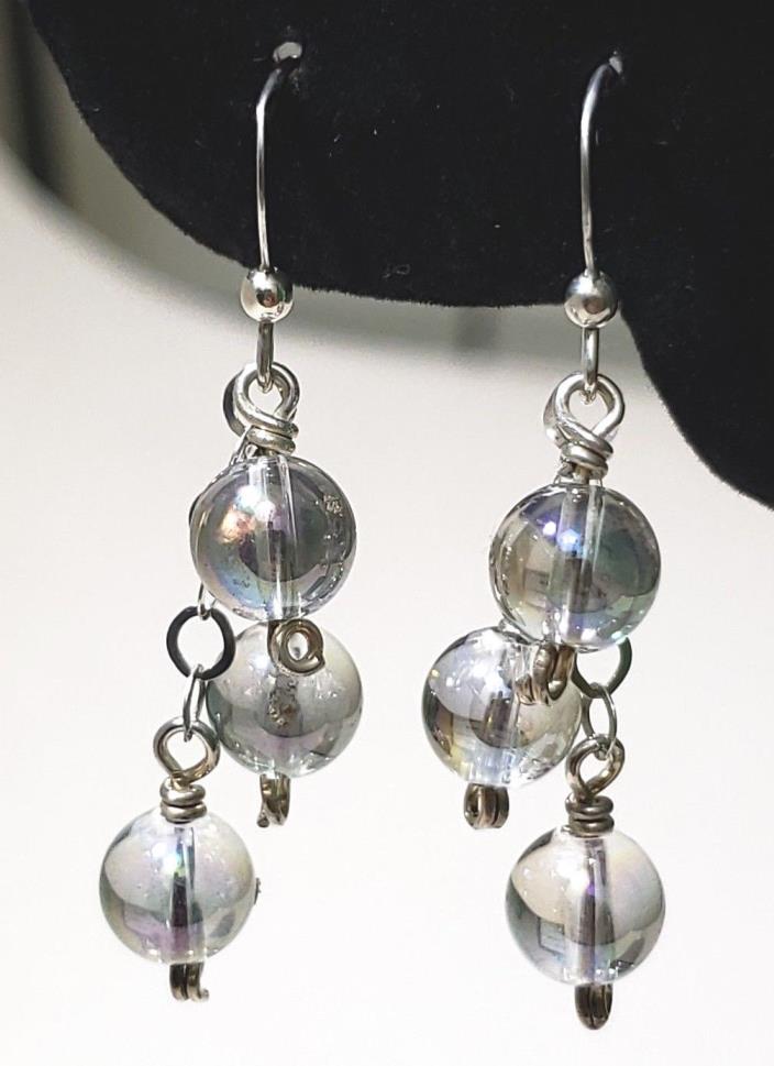 Dangle Irredescent Clear Earrings Sterling Silver Fishhook Triple Orb earrings