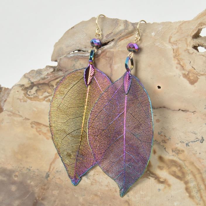 Purple Iris Leaf Earrings Gold Filled Real Leaf Earrings Drop Earrings JLR0205