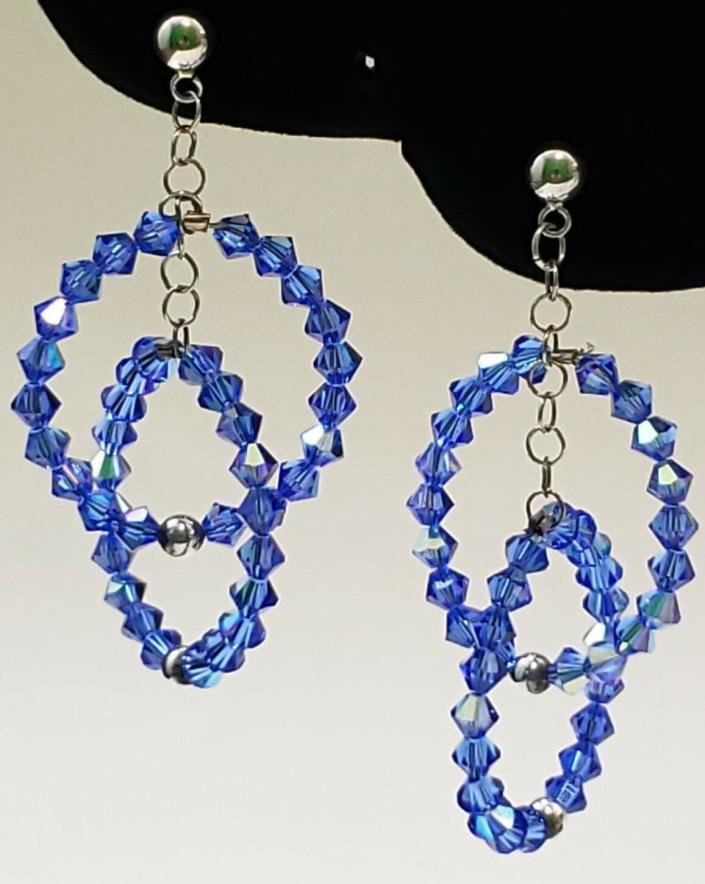 Sapphire Crystal Double Hoop Earrings Sterling Silver Post Dangles  1-of-a-kind