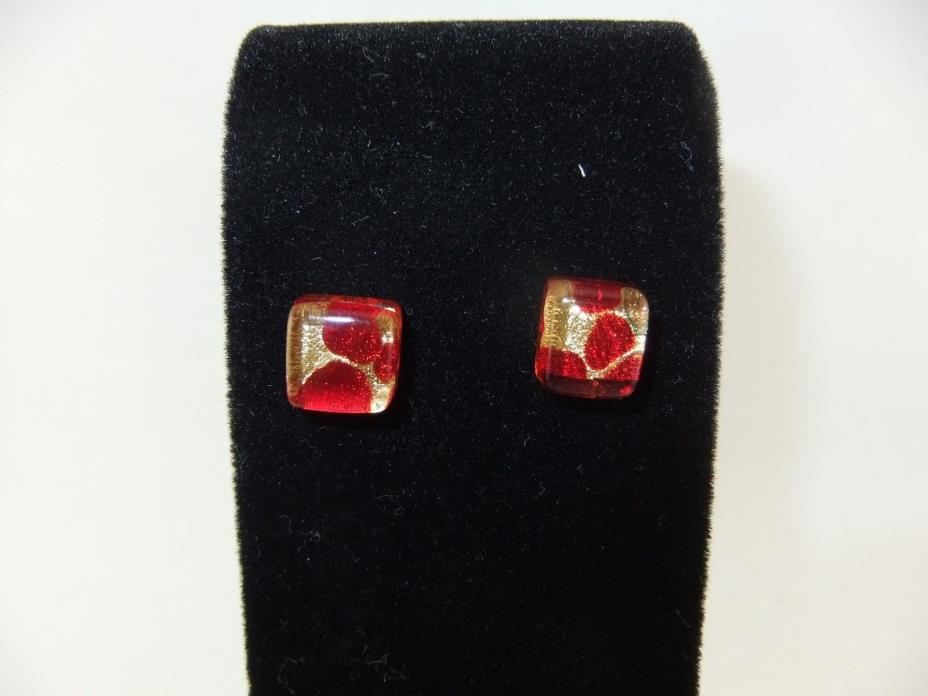 Red & Gold Handcrafted Square Murano Glass Stud Earrings