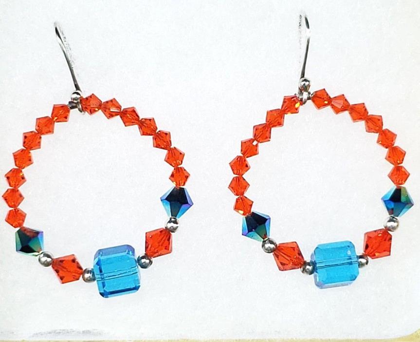 Dolphin Colors Hoop Earrings Sterling Fish Hooks Orange Aqua Crystals Handmade