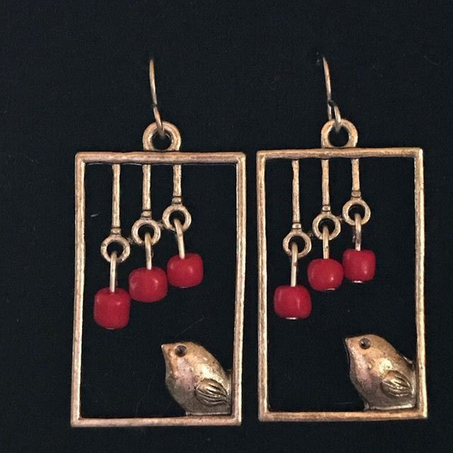Silver Bird in Window Handmade Earrings with Red Czech Glass Beads