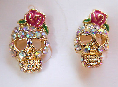 New SUGAR SKULL AB Rhinestone Earrings Day of the Dead Dia de Los Muertos Studs