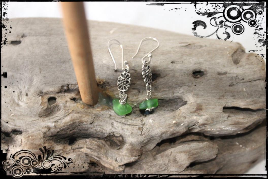 BEACH GLASS EARRINGS Kelly Green Custom Made Argetium Silver French Wire