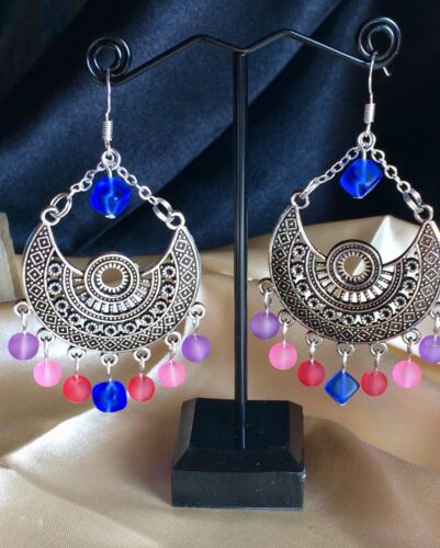 Boho Hippie Chandelier Earrings With Frosted Glass Beads