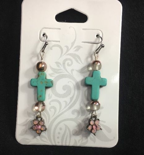 Turquoise Cross And Flower Dangle Earrings