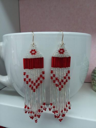 1 PR EARRINGS Handmade glass bead LONG RED&WHITE w/gold-filled earwires & kevlar