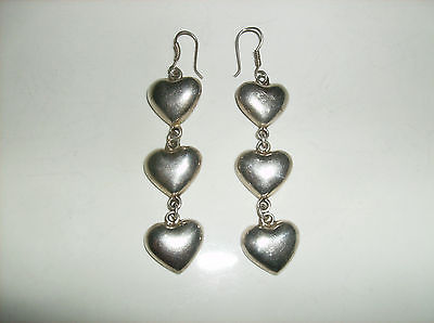 Taxco Mexico Heart Dangle Earrings Sterling Silver .925 Heavy 18.9 Grams