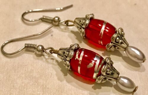 Beautiful Red And Silver Dangling Earrings, White Pearl Like Bead