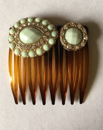 Handmade MINT GREEN & CLEAR STONES, JEWELED, BROWN STATEMENT HAIR COMB