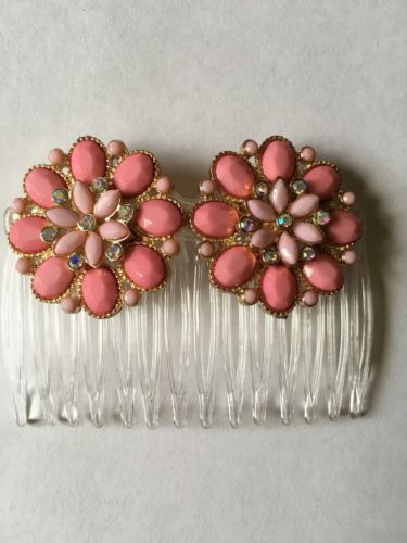 Handmade PINK & IRIDESCENT CLEAR Stones FLOWER Shaped, JEWELED, CLEAR HAIR COMB