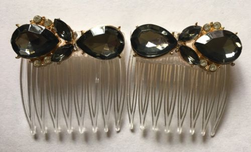 *SET OF 2* Handmade GRAY & CLEAR Stones, JEWELED, STATEMENT CLEAR HAIR COMBS
