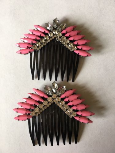 *SET OF 2* Handmade PINK & CLEAR Stones, JEWELED, STATEMENT BLACK HAIR COMBS