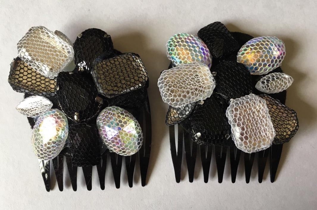 *SET OF 2* Handmade BLACK & CLEAR Stones, JEWELED, STATEMENT HAIR COMBS