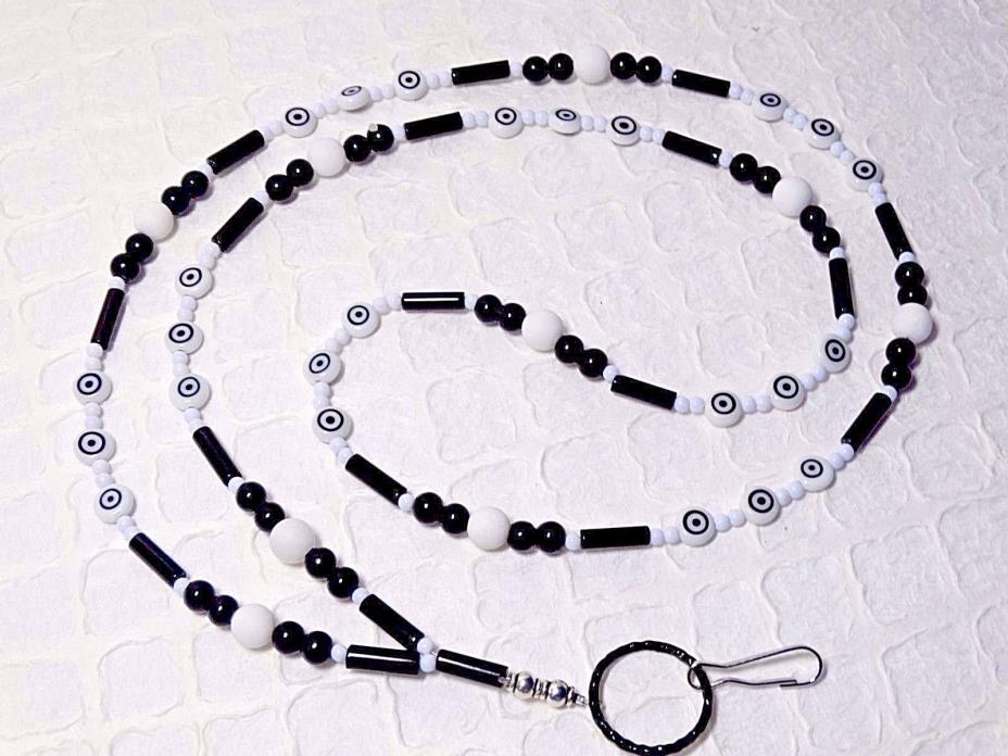 Beaded Lanyard ID Badge Tag Eyeglass Holder Necklace  Black White Beads )