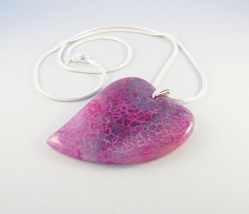 Pink stone heart necklace - large unique agate heart pendant with silver chain