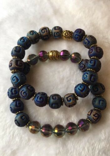 2 Blue Purple Gold Ceramic Glass Boho Fashion Beaded Bracelets