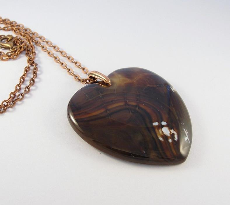 Brown stone heart necklace - unique agate pendant on a copper chain