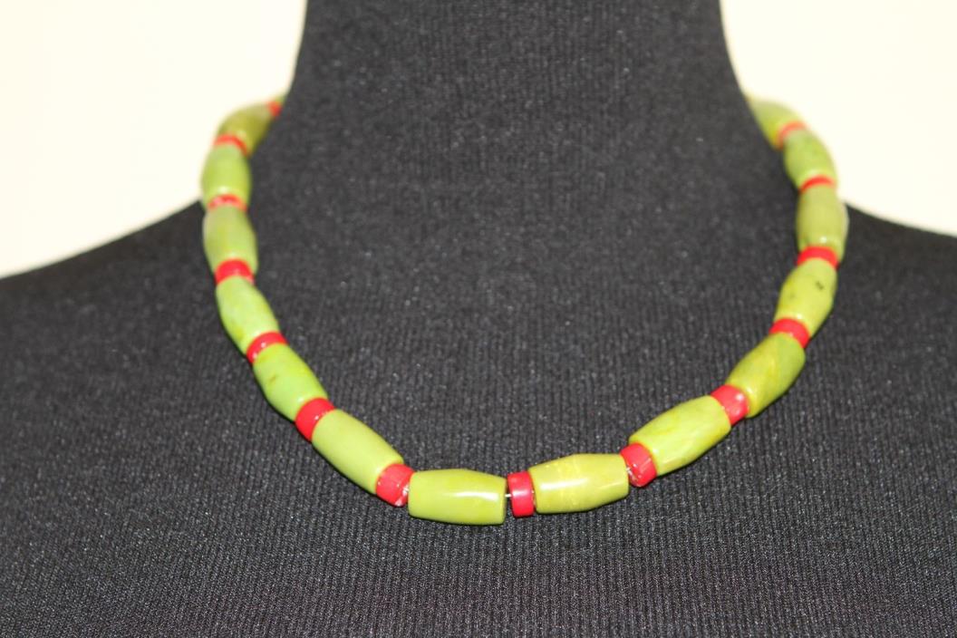 Fabulous Martini Olive Necklace in Green Turquoise and Red Coral Rondels
