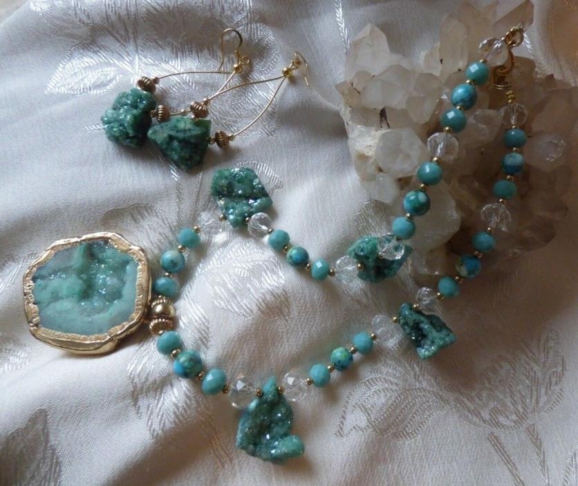 Aqua Druzy Quartz Geode raw Stone Crystal Glass Pendant Necklace and earrings