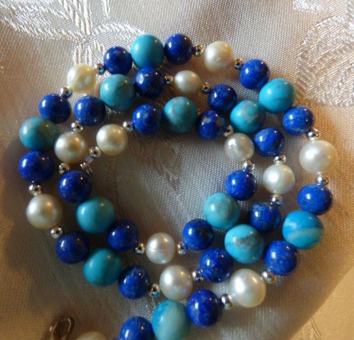 Turquoise, Lapis, freshwater pearls and sterling necklace 17
