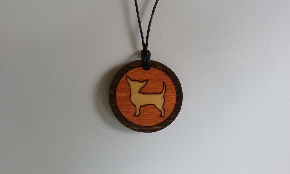 Chihuahua dog wood inlay necklace hand assembled animal lover gift light finish