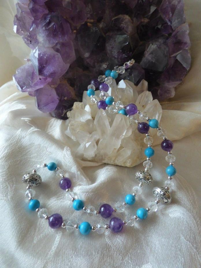 Handmade Amethyst, turquoise and Crystal Necklace 25.5