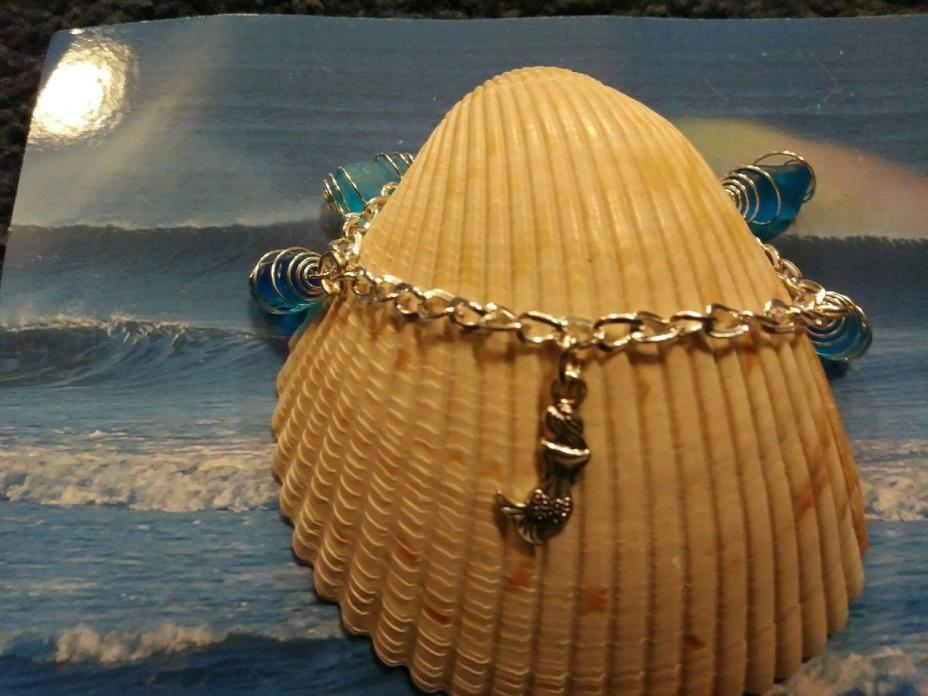 Authentic Turquoise Sea Glass Handmade Bracelet with Mermaid Charm