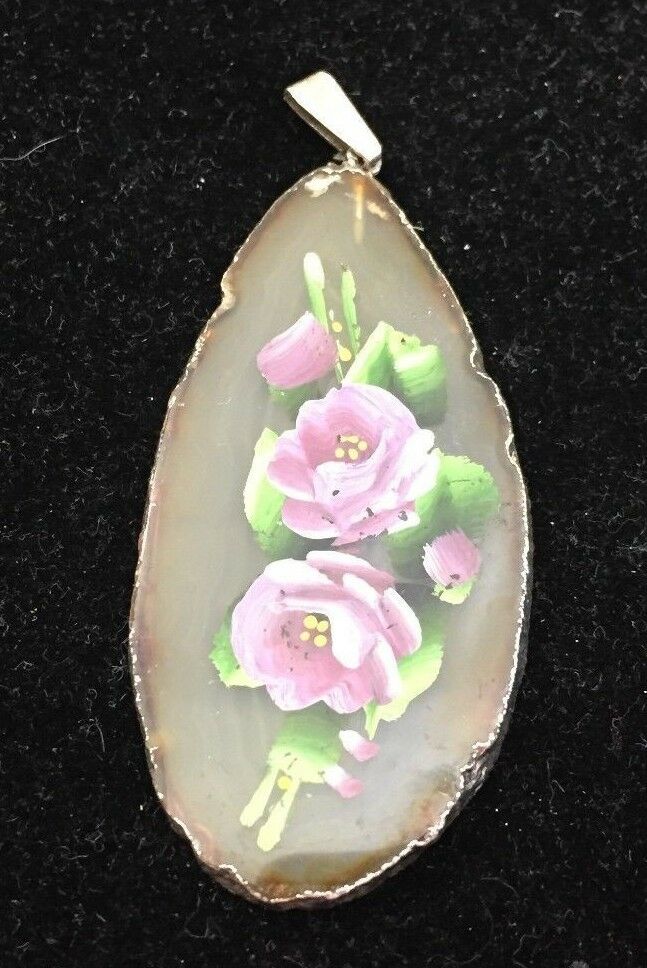 Vntg Ladies Pendant Handpainted Polished Agate Slice Stone Artisan Jewelry 3375F