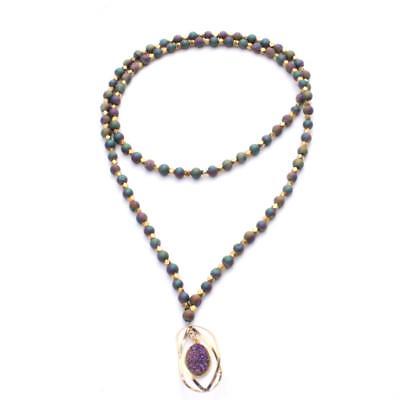 Monica Mauro Druzy Agate Beaded Necklace, 3D Marquis with Dangling Druzy Stone