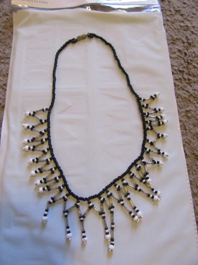 CUTE!! Handmade Black and White Beaded Fringe Bib Necklace