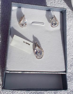 SPECIAL  ~~  White Diamond (Sim) Earrings & Pendant NO CHAIN Sterling Silver NIB