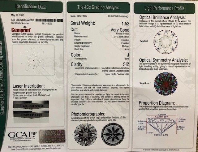 1.53ct Round Brilliant Cut GCAL Certified Lab Grown Diamond J SI2 Loose stone