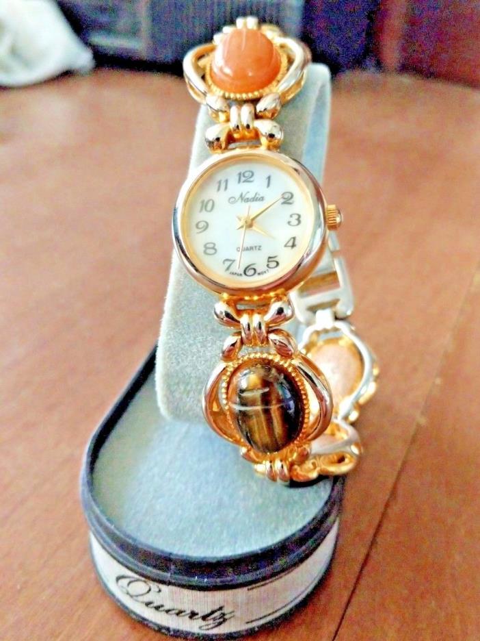 Nadia Lapis Oval Cabochon Gemstones Gold Plated Watch Bracelet Quartz